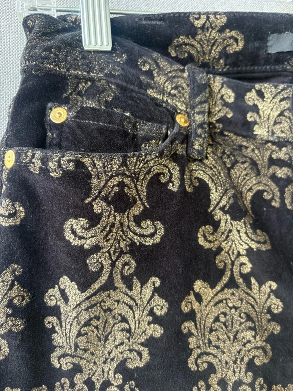 7 For All Mankind Black with Gold Damask Print Glam low rise Jeans